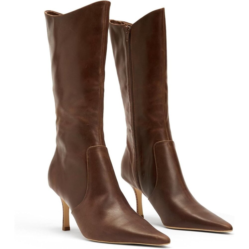 ⚡Women's Brown Mid Calf Boots Pointed Toe High Heel Long Boots Side Zipper